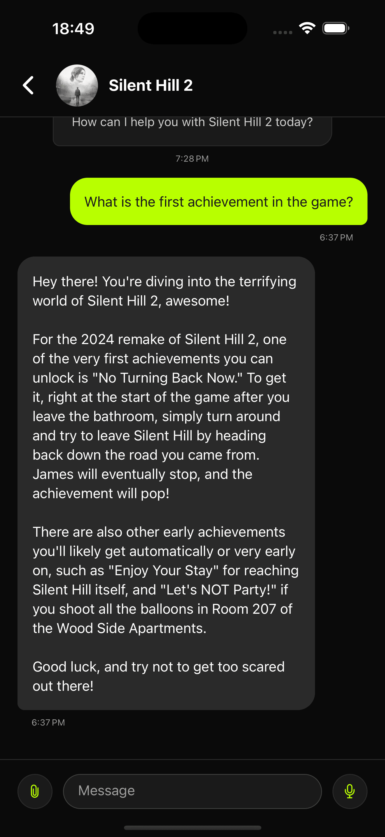 RTFM chat screen with the AI assistant for Silent Hill 2